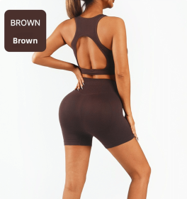 Workout Sets for Women 2 Piece High Waisted Seamless Leggings with Padded Stretchy Sports Bra Sets Gym Clothes (Color: Brown, size: M)