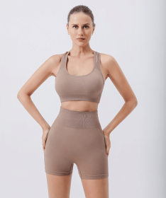 Workout Sets for Women 2 Piece Seamless Ribbed Crop Tank High Waist Shorts Yoga Outfits (Color: Khaki, size: S)