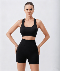Workout Sets for Women 2 Piece Seamless Ribbed Crop Tank High Waist Shorts Yoga Outfits (Color: Black, size: L)