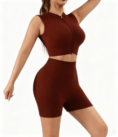 2 Piece Workout Sets for Women High Waisted Shorts Tummy Control Shorts Yoga Sports Tank (Color: Brown, size: L)