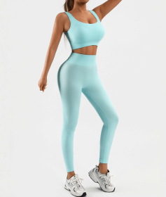 Women's Workout Outfits Ribbed Tank 2 Piece Seamless High Waist Gym Outfit Yoga Shorts Leggings Sets (Color: Lake Blue, size: XL)